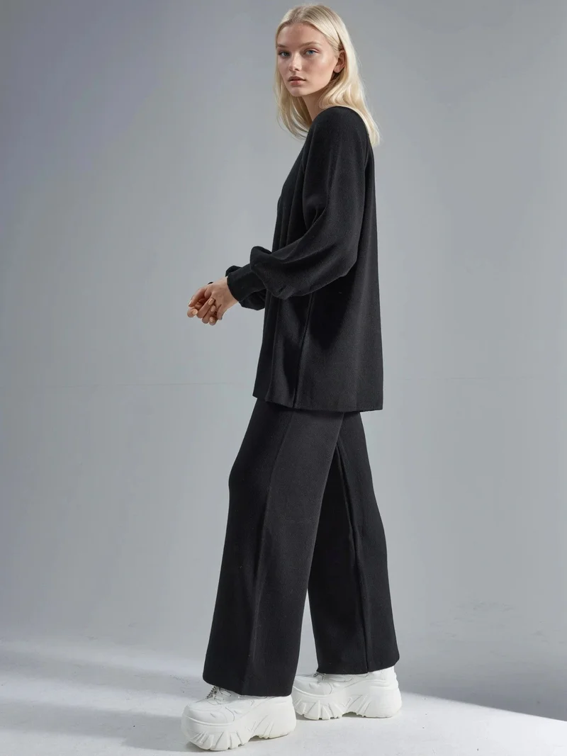 MY FASHION Black MY FASHION Loose Fit Sweater & Pants Knit Co-ord Set for Women | Best Price UAE